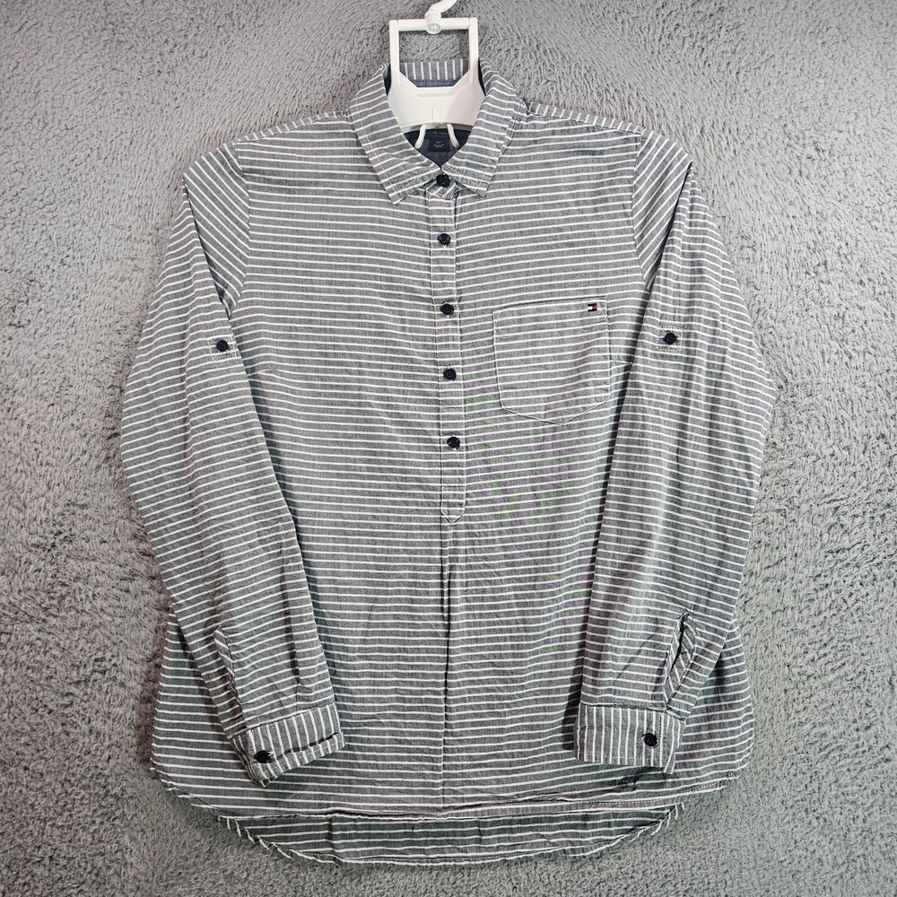 Tommy Hilfigerโ Tunic Shirt Top Women Small 1/2 Button Long Sleeve Gray Striped